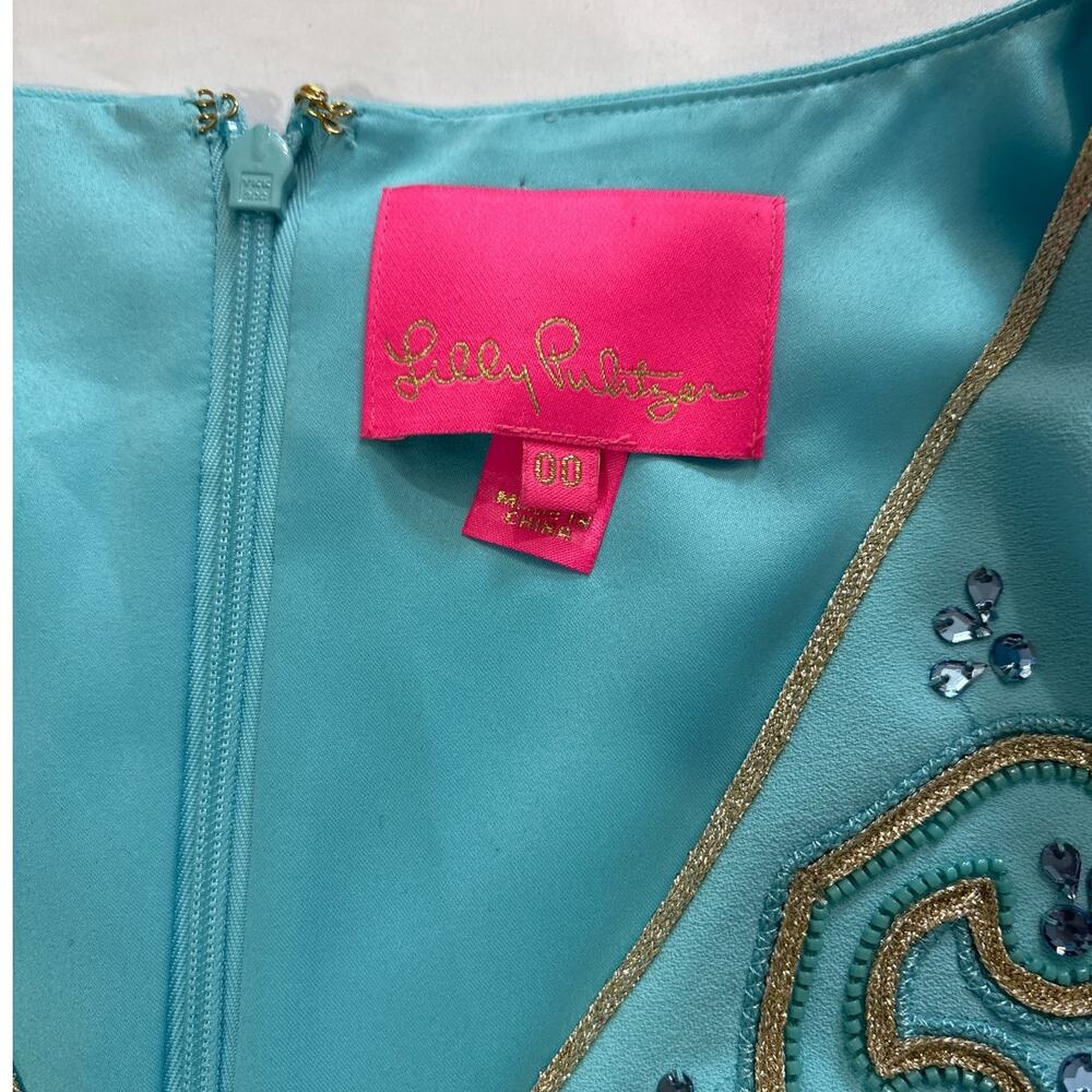 Lilly Pulitzer Womens 00 Penelope Blue Ibiza Embellished Jewel Satin Shift Dress - Picture 7 of 10